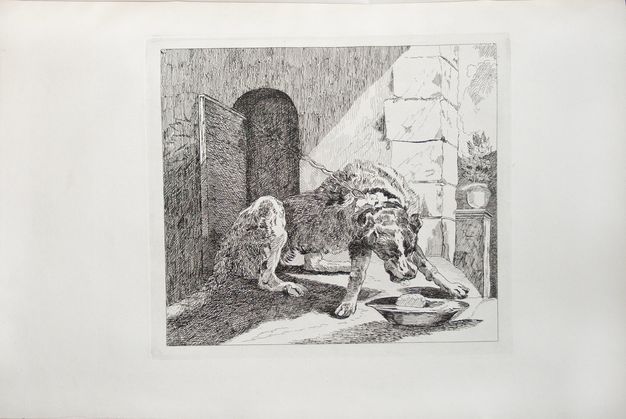 Print. A dog chained to a wall strains towards a bowl of food just out of reach. The dog’s lips pull back as it hunches, trying to reach the food. The stone wall behind the animal has a shadowed, arched doorway. A glimpse of landscape is visible along the right edge of the etching.