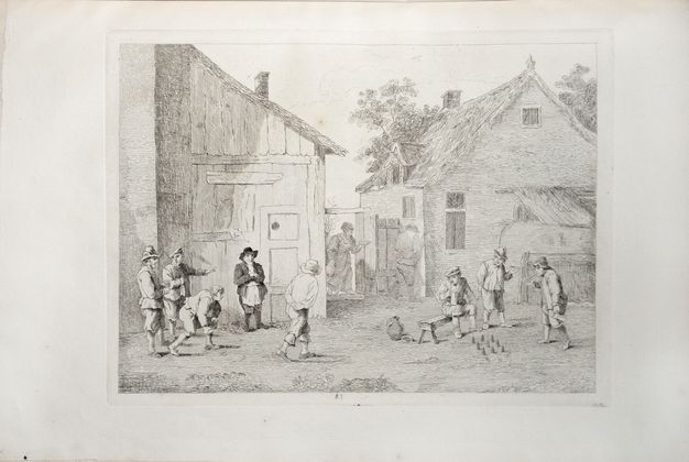 Print. Eight people play, bowling in a street in front of houses. They wear jackets and knee-length pants, and most have hats. A man and woman move between the houses on the far side of the street. The house to our left appears to be sided with planks of wood and the other has a thatched roof.
