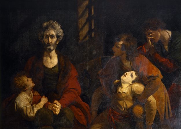 Painting. Five pale-skinned people sit or collapse in a darkened cell. To our left, an older man with wild grey hair and a grey beard looks off to our left with an unfocused gaze and clasped hands. Two boys lean towards him, mouths open. One of them supports a boy who has fainted, and a fifth young man puts his face in his hand.