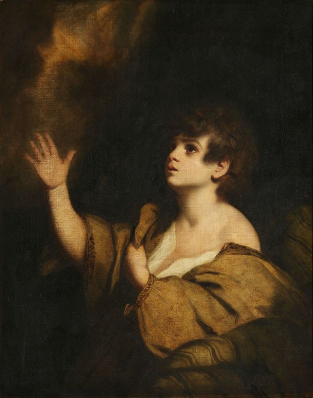 Painting. Shown from the waist up in a shadowy setting, a young, pale-skinned boy looks at and reaches towards light coming from our top left. The other hand clutches his light brown, voluminous garment, which has slipped off one shoulder.