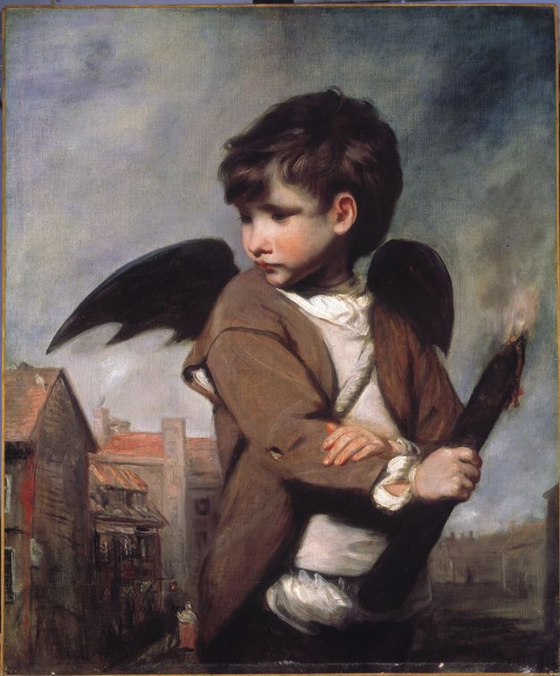 Painting. Shown from the hips up, a dark-haired, pale-skinned boy with flushed cheeks has small, black wings protruding from his shoulders. He looks to our left, over his shoulder, eyes deeply shaded under pinched eyebrows. In his right hand, he holds a flaming torch, near the lower right corner of the painting. The background is a town under a grey-blue sky.