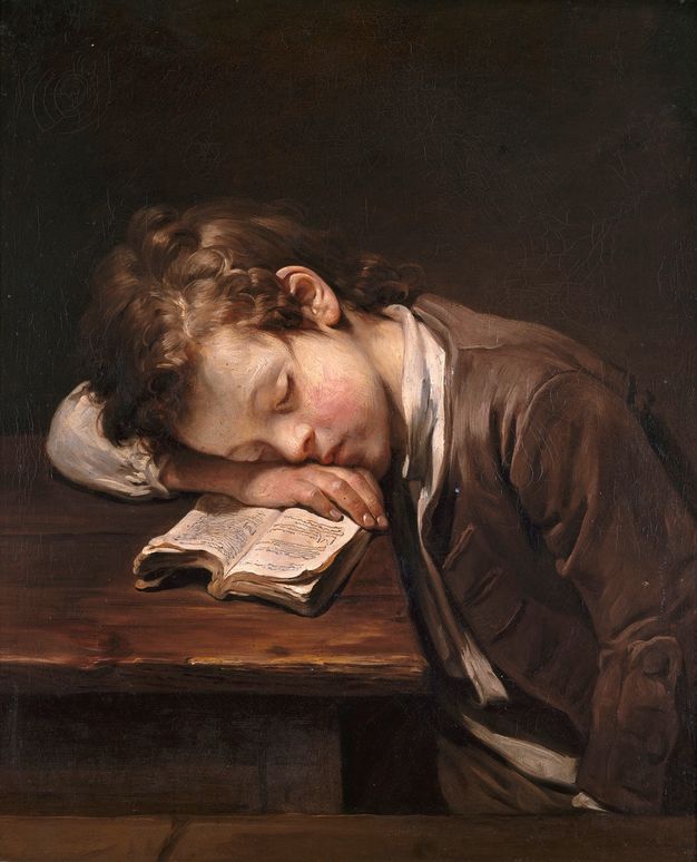 Painting. A pale-skinned young boy sleeps with his cheek on one hand, which rests on an open book on a wood table. He has brown hair and wears a brown jacket over a white shirt. The worn table is brown, and the background deepens from brown behind the boy to black across the top of the canvas.