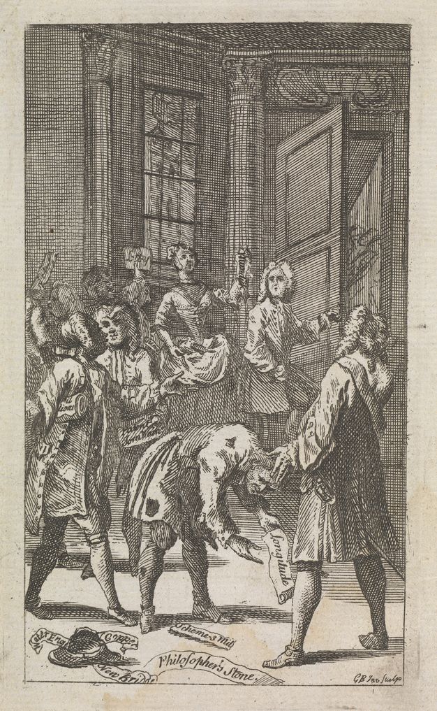 Print. At least eight people stand near an open door. The men wear suits and curly wigs, and the one woman wears a wasp-waisted corset and long, full skirt. They all look around and gesture, many of them holding pieces of paper. One man wearing tattered clothing stoops and holds a scroll reading “Longitude”. Other slips of paper on the floor read “Philosopher’s Stone” and “New Bride”.