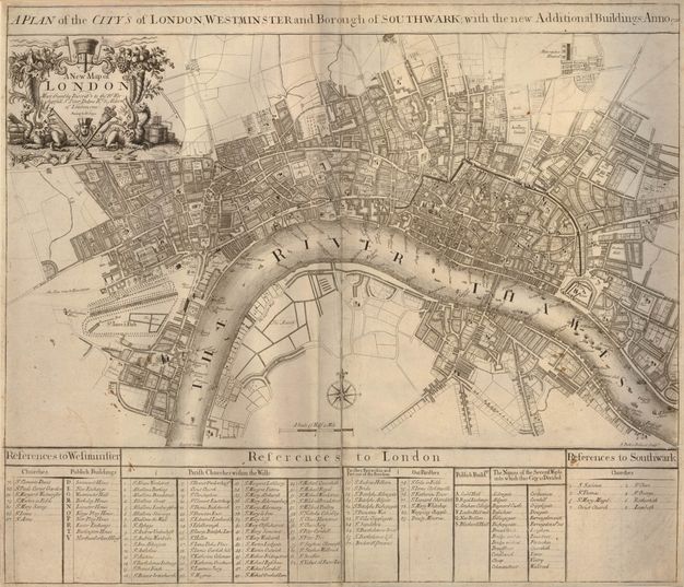 Map. The Thames River runs in an uneven, upside-down U shape. Streets bristle like irregular spines up along its top edge, and city blocks are densely populated. An extensive key is below.