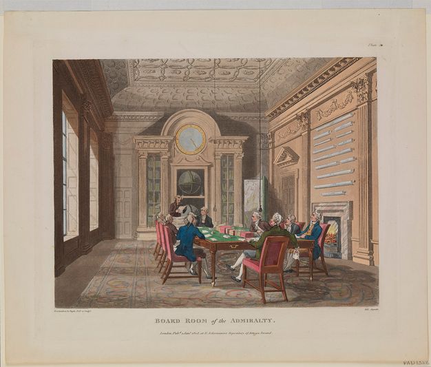 Illustration. Coloured aquatint shows eight pale-skinned men wearing their hair in grey and white queues sitting at a long, green felt-topped table as a ninth man reads from a paper. The room has panelling or moulding on every surface, and the ceiling is decorated with a geometric pattern.