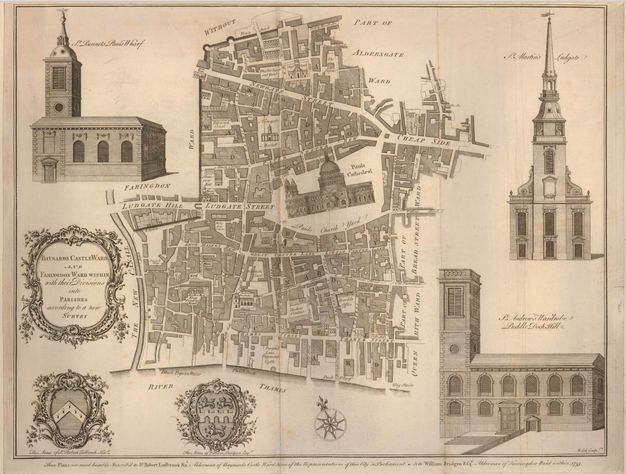 Map. City streets and buildings around St Paul’s Cathedral in London are shown at the centre of this engraving. Three buildings are then illustrated around the edges. In an oval cartouche to our left, the title reads, “Baynards Castle Ward and Faringdon Ward within their Divisions into Parishes, according to a new Survey”.