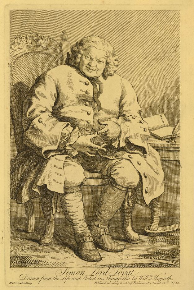 Print. A portly man sitting in a chair next to a writing table nearly fills this portrait. Hair curls around the man's wide, clean shaven face, and impish eyebrows are raised as he looks at us, smiling. He counts something off on his fingers. Text below begins, “Simon Lord Lovat”.