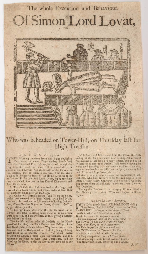 Broadside. This newspaper-like sheet has a woodcut illustration below the title showing a beheaded man lying on a platform, blood pouring from his severed neck. To our left, an executioner stands with his axe raised. Two columns of text continue below.