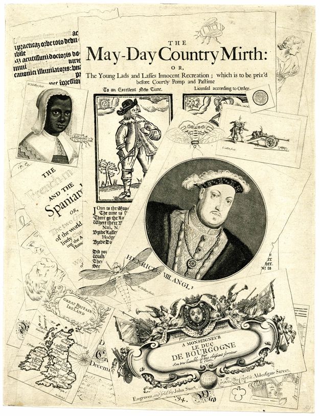 Print. What initially looks like a jumble of prints, calling cards, a playing card, drawings, text, and two portraits is a single etched image. One portrait is of Henry the Eighth and the other is of a black woman. Four winged insects seem to rest on the papers. A map of Great Britain and Ireland is in the lower corner to our left.