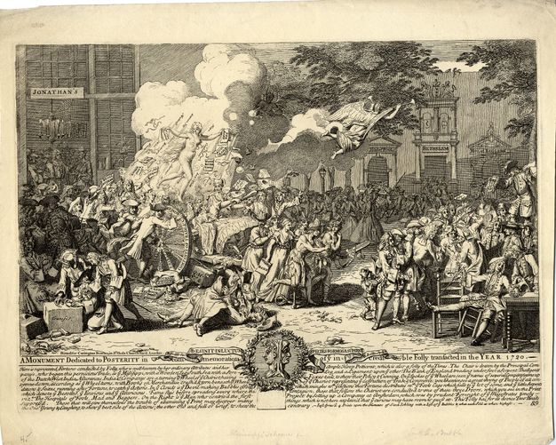 Print. Dozens or maybe hundreds of men and woman gather in groups in a town square-like space. Some centre around a nude woman floating above the crowd.