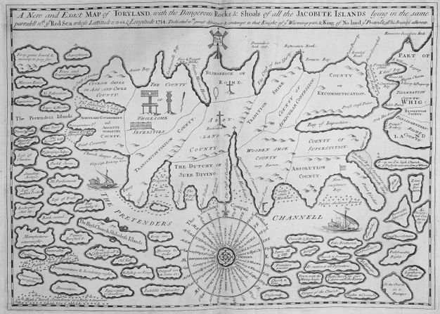 Map. An imaginary landmass has areas with labels like “Cuckoo Shire or Ass and Owle County”, “Bishopric of Rome”, “County of Excommunication”, “County of Superstition”, among others. Dozens of islands are separated from the landmass by “The Pretenders Channel”. Some islands are labelled “Persecution”, “Indivisible Rights”, and “Decency and Order”. A large compass in the bottom centre has the title “The Jacobites Compafs Rectified” curving overtop.