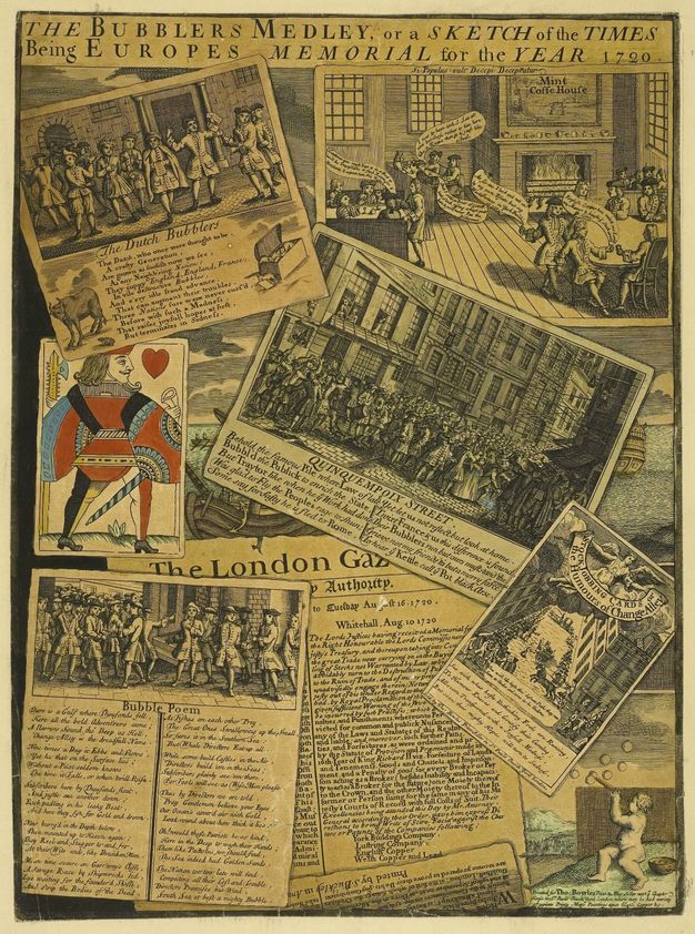 Print. An overlapping assemblage of mostly black and white print ephemera such as a caricature showing men drinking in “Mint Coffe Houfe”, a page of The Longon Gazette dated to “Aug. 10 1720”, and a cursive text in stanzas across two columns titled “Bubble Poem”. Bright red, blue and yellow appear on a playing card for the Jack of Hearts. Two small fragments of ships sailing on turqoise water are visible, their images mostly covered by other ephemera.
