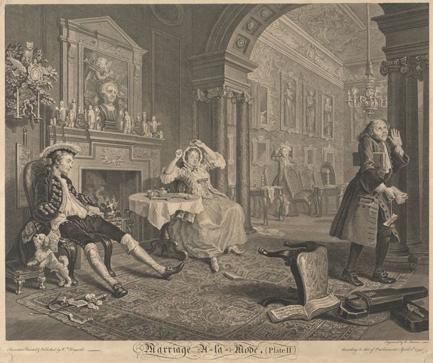 Print. In front of a hearth in a lavishly decorated room, a woman sits and stretches as a man leans back in his chair with feet extended. To our right, another man walks away from the pair, one hand raised as he looks upwards and holding papers in his other hand. The title is in flourished copperplate script below: “Marriage A-la-Mode (Plate II)”.