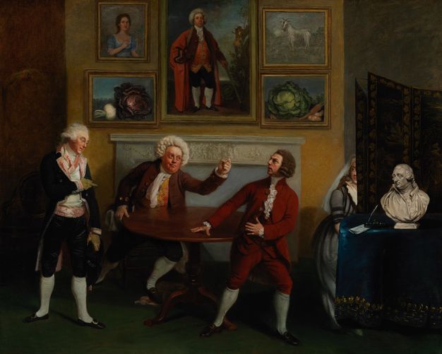 Painting. Two men stand and a third sits at a round table in front of a hearth. The seated man leans and raises his fist towards one of the others. From behind a screen, a seated woman looks over her shoulder at the action. Still life paintings and portraits hang over the mantle.