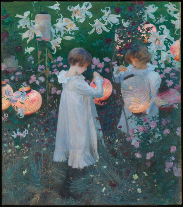 Painting. Two pale-skinned girls with blond hair stand lighting paper lanterns in a twilight-lit garden. Both wear white ruffled dresses. White lilies the size of their heads nod down over the girls against a grassy background. Pink and dark red flowers fill in the area around them.
