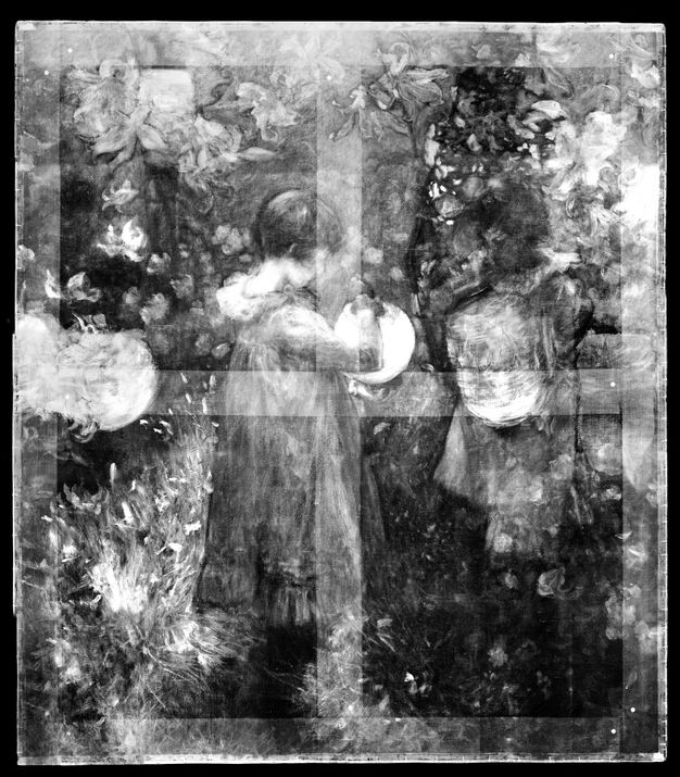 X-radiograph. Black and white image of a painting showing two girls lighting paper lanterns in a garden. Some areas are especially blurry where the artist covered one object, like a flower, with another. The form of the stretcher is also visible.
