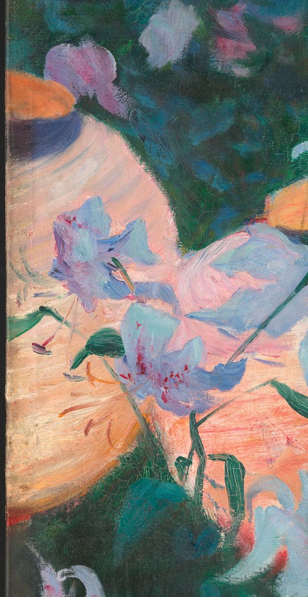 Painting. Detail view of white lilies backlit by warm, peach-coloured paper lanterns. Fine cracks are visible in the plants’ green leaves.