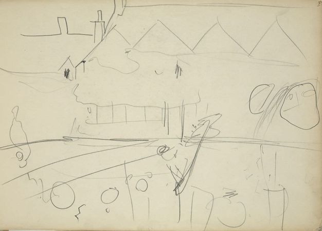 Drawing. Lines block in the location of rooflines, trees, lanterns, and other vague details in this horizontal sketch.