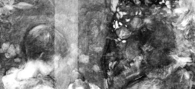 X-radiograph. Black and white detail shows a painting of two girls’ heads and the surrounding garden. The vertical bar of the stretcher appears as a ghostly line.