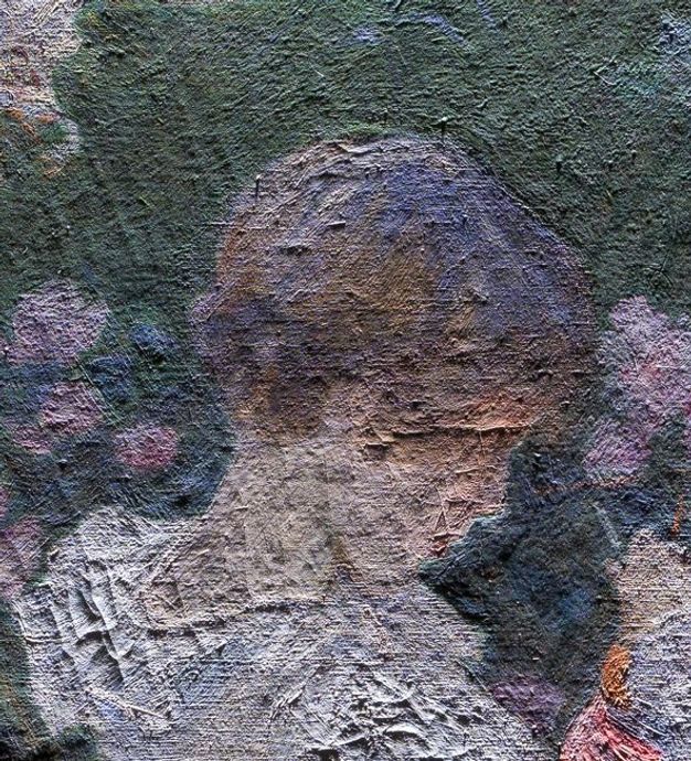 Painting. Raking light over a detail showing the pale-skinned, brown-haired head of a girl shows where the white of her dress was worked up with additional paint, as were her profile and part of her face.