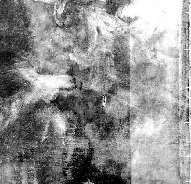 X-radiograph. Black and white detail view of a vertical tear in the canvas.
