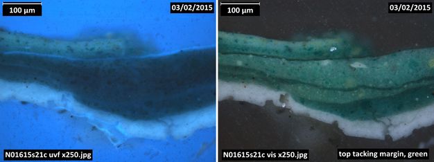 Two photographs. Microscopic cross sections of paint are shown in colour. The image on our left shows layers of blue, the brightest along the top and bottom. The right is of the same sample but in green tones. Each image has the same labels in the upper corners, reading, “100 µm” and “03/02/2015”, and in the lower left, “N01615s21c uvf x250.jpeg”. The right-hand picture also has text reading, “top tacking margin, green”.