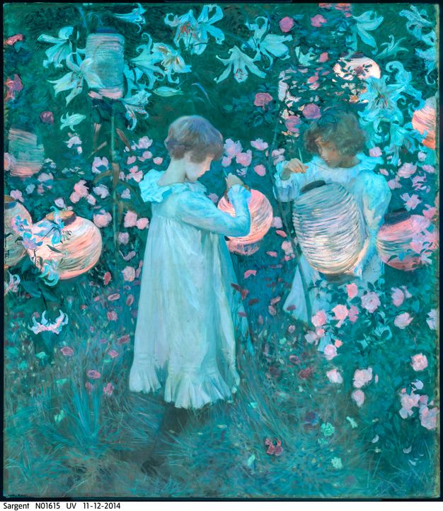Colour photograph. The painting is of two girls lighting paper lanterns in a garden. The ultraviolet light turns the white dresses and flowers a pale turquoise blue. The edges of the canvas are a lightly lighter colour.