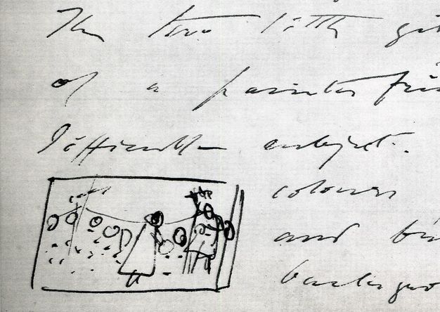Letter. Detail view of a handwritten letter with a thumbnail sketch of two people in front of a row of lanterns.