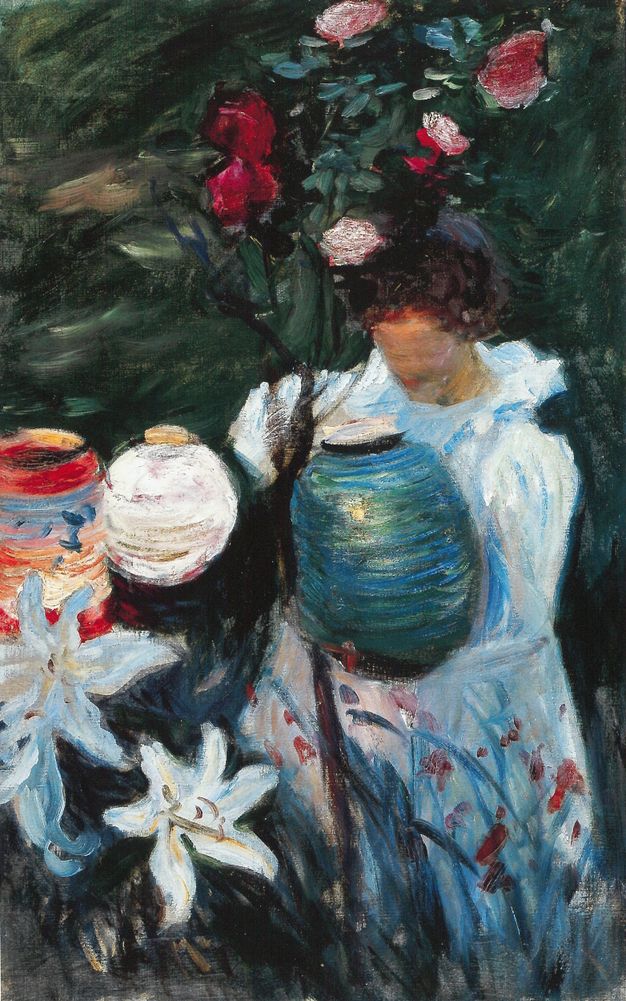 Painting. Beyond three paper lanterns, a person with brown hair wearing a white dress is very loosely painted. White lilies and dark pink roses are between us and the girl, who is backed by forest-green strokes.