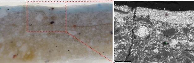 Two photographs. A composite figure juxtaposes two microscopic cross sections of paint. The first, to our left, shows a few black specks in a layer of mostly white. A red dotted box around a detail expands to point to the photograph on our right. The second is black and grey. A few labels in the image are too small to read.