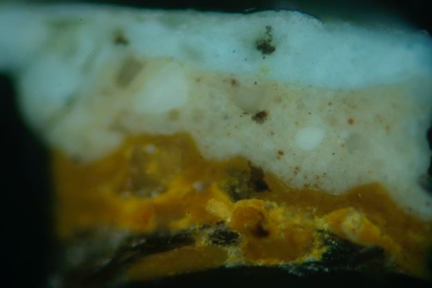 Colour photograph. In this microscopic cross section of paint, an amber-yellow layer along the bottom is topped with a fluorescent blue layer.