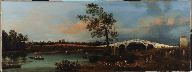 Painting. People, cows, and dogs gather on a riverbank to our right as the river extends into the distance, starting in the lower left corner. A wide bridge spanning the river is white on the right half and dark red on the left. A tree growing up the centre of this panoramic painting is outlined against a darkening sky.