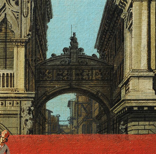 Painting. Detail view of an arch spanning two buildings against a light blue sky. Architectural ornament Is outlined precisely in black. A thick line of bright red paint crosses the bottom sixth of the detail in a continuous band. The band covers the architecture but passes behind a figure whose face and shoulder peep out to our left.