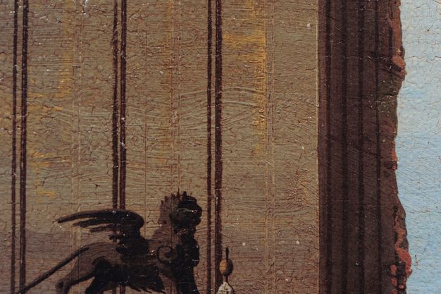 Painting. Detail view of the brown wall of a building showing vertical lines incised in the paint.