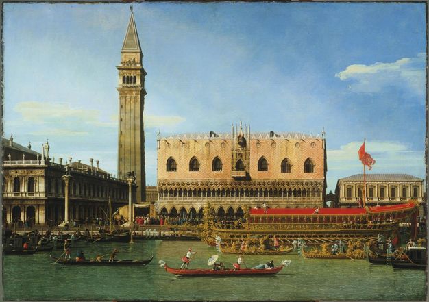 Painting. Across a canal, the tower of Saint Mark’s church and the Doge’s Palace rise against a vivid blue sky. Gondolas move in both directions in the sea glass-green water spanning the bottom edge of the canvas.