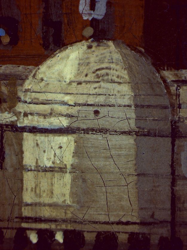 Painting. A rounded, stone cap over a piling. An incised line can barely be made out marking the curve of the cap.