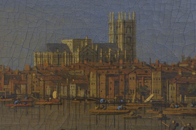 Painting. Detail view of Westminster Abbey rising behind a bank of brown buildings. Cracks in the paint make a fine net over the surface of the canvas.
