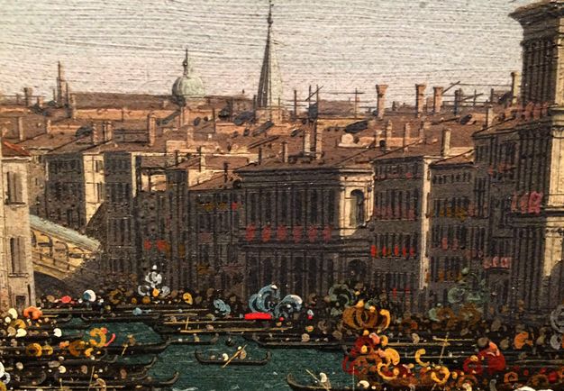 Painting. Detail view of buildings along a canal. Miniscule windows, doors, and architectural features are painted in fine detail.