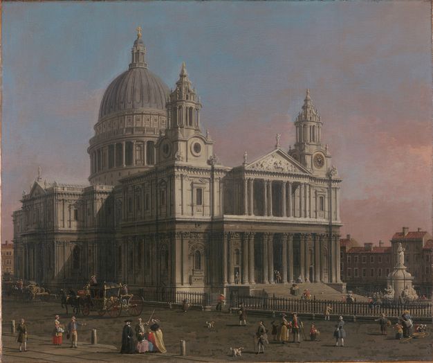 Painting. A cathedral nearly fills this square composition. Two towers rise on either side of a two-storied temple front. The buildings behind the church come less than halfway up its height, and the cathedral is outlined against a blue sky transitioning to dusty pink along the horizon.