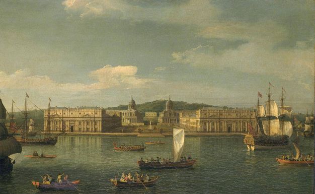 Painting. From the far side of a river, we look at two long, boxy buildings coming towards us on either side of a plaza in this wide landscape.