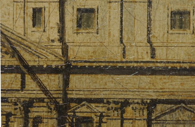 Painting. Detail view of an off-white building. Incision lines are visible in the paint and black is used to delineate architectural features.