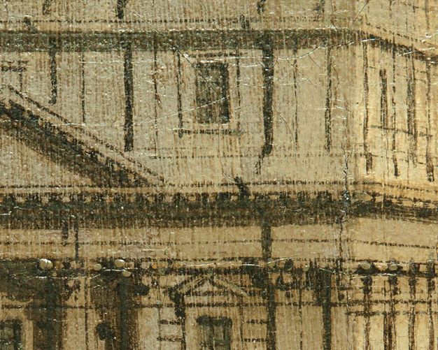 Painting. Detail view of an off-white building. Fine black lines pick out architectural features.