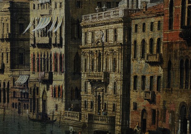 Painting. Detail view of a row house on the edge of a canal. The perspective lines are incised, and architectural features are picked out in black lines.