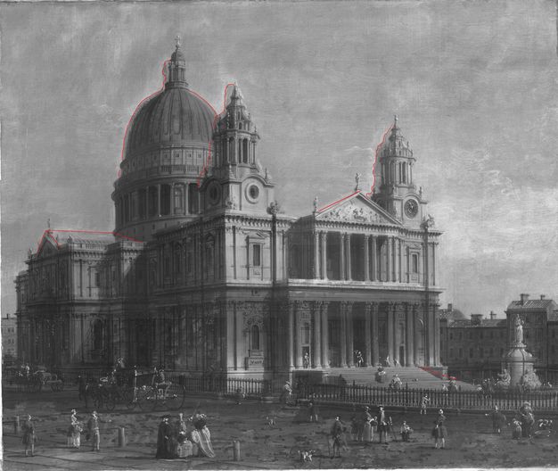 Black and white photograph. This annotated image of a painting showing St Paul’s Cathedral has some areas outlined in red, especially along the roofline.