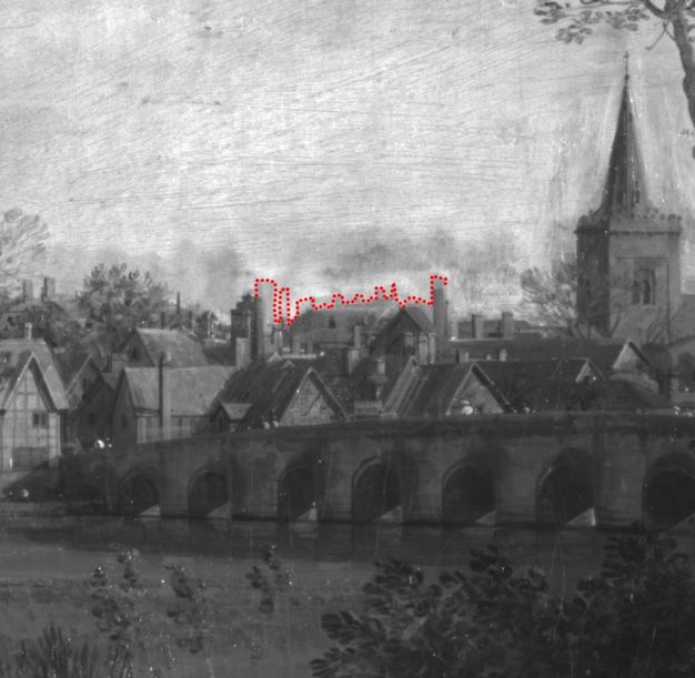 Infrared photograph. Black and white detail of a distant skyline. A dotted red line traces changes to the placement of buildings.
