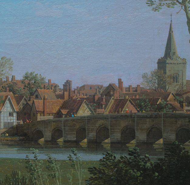 Painting. Detail view shows a distant skyline beyond an arched bridge, with a bright blue sky above.