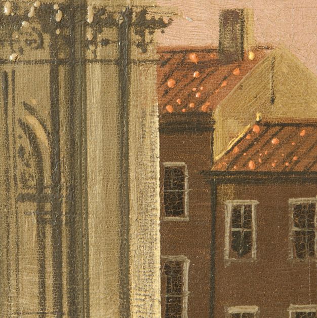 Painting. Detail view of the corner of a cream-white building. The outer edge is brighter and precisely painted.