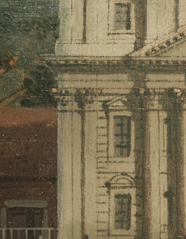 Painting. Detail view of the corner of an off-white building with architectural details delineated in black. The outer edge of the building is crisp and precise.