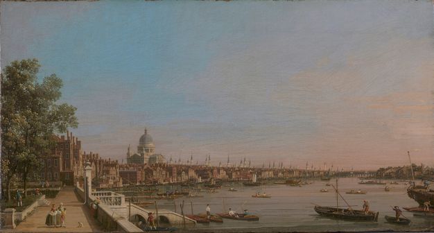 Painting. A sweeping view encompasses the Thames river and London’s prickly skyline on its north shore, which is made so by almost countless spires. The dome and drum of St Paul’s Cathedral rises high around the surrounding buildings. A walkway along the river comes towards us, along the left edge of the painting.