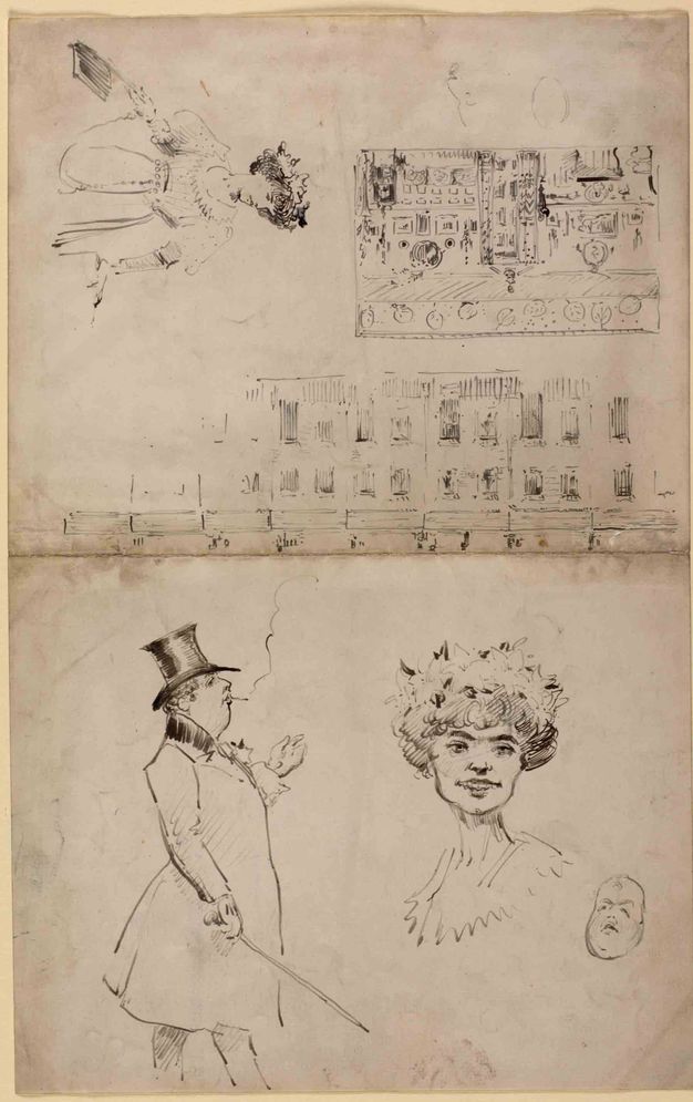 Pen on paper. On one page of a notebook are a sketch of a building façade, a cityscape, and a woman. On the facing page are caricatures of a man and a woman. The portly man, Oscar Wilde, wears a coat and top hat, holds a cane, and smokes, double chin lifted. The woman has a bony face under a cloud of hair crowned with flowers or a hat.